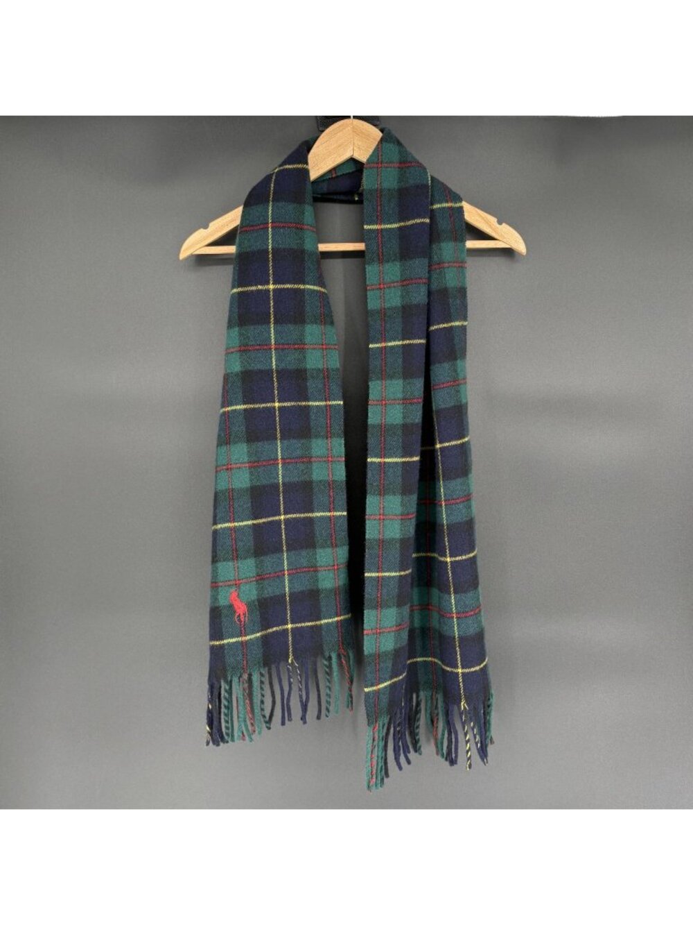 Polo Ralph Lauren Lambswool Tartan Plaid Scarf Made Italy Pony Green Navy Preppy